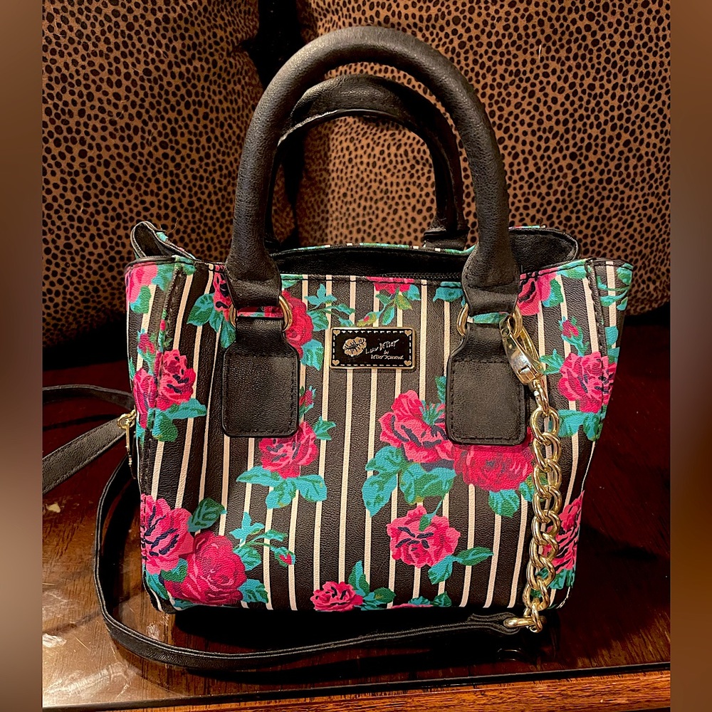 Betsey Johnson LIKE NEW pink floral & striped small crossbody bag mini-purse